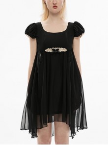 Loose Hem Square Neck Chiffon Short Sleeves Contrast Lace Detachable Black Bow Skull Pin Gothic Dress