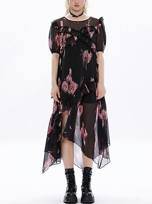 Loose Short Sleeves Tie Waist Black Pink Chiffon Print Ruffle Irregular Hem Sexy Gothic Long Dress