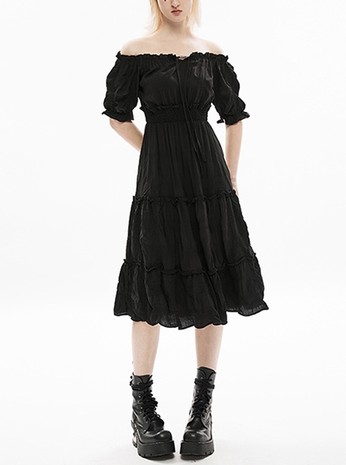 Black Stretch Waist Lantern Short Sleeve T-Neck Crew Neck Ruffle Vintage Metal Button Cake Hem Gothic Long Dress
