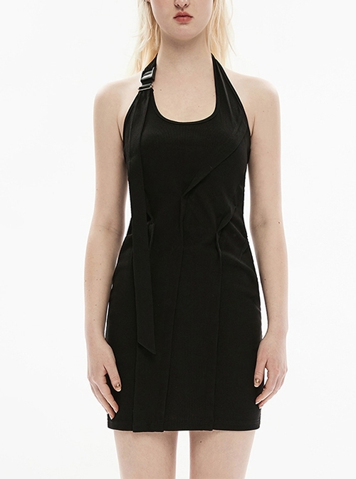Light Knitted Half-Sleeves Paneled Arched Skirt Round Neck Skull Single-Breasted Sexy Gothic Dress