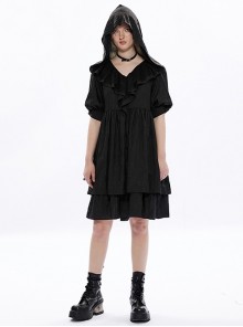 Loose V-Neck Double Hem Lantern Short Sleeve Lace Stitching Ruffle Black Pointed Wizard Big Hat Gothic Dress