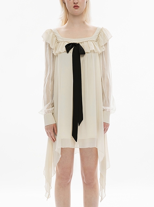 Loose A Hem Ruffle Vintage Square Neck Detachable Pin Bow Beige Lace Panel Long Sleeve Gothic Dress