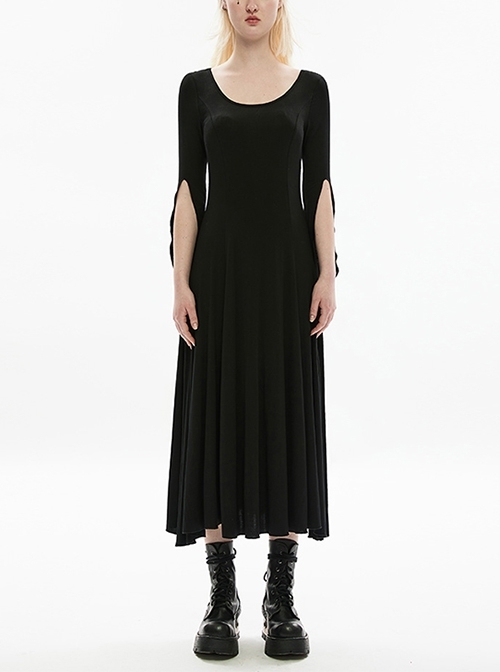 Elegant Slim Fit Crew Neck Swing Soft Knit Drop Mid Sleeves And Gothic Lace Black Long Dress