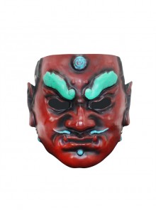 Japan Noh Red Face Green Eyebrow Blue Beard Warrior Halloween Party Stage Performance Full Face Resin Mask