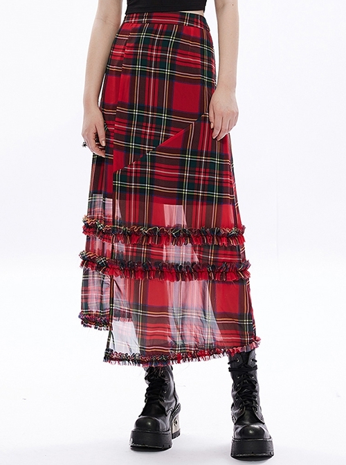 Small A Silhouette Ruffled Irregular Classic Red Offset Check Chiffon Print Sheer Hem Gothic Skirt