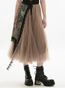 Elastic Waist Double Layer Lightweight Fairy Flowy Mesh Super Cool Light Brown Gothic Versatile Skirt