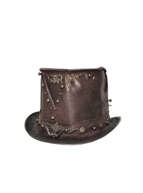 Brown Steampunk Metal Stud Decorated Medium Top Leather Hat