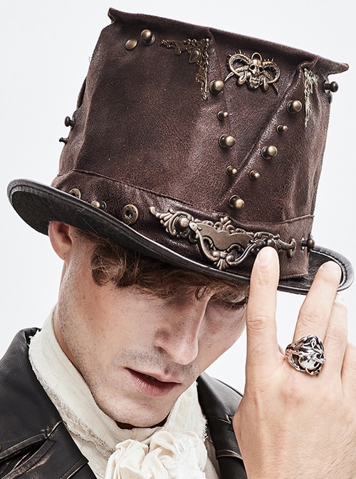 Brown Steampunk Metal Stud Decorated Medium Top Leather Hat
