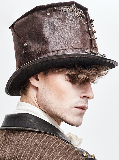 Brown Steampunk Metal Stud Decorated Medium Top Leather Hat