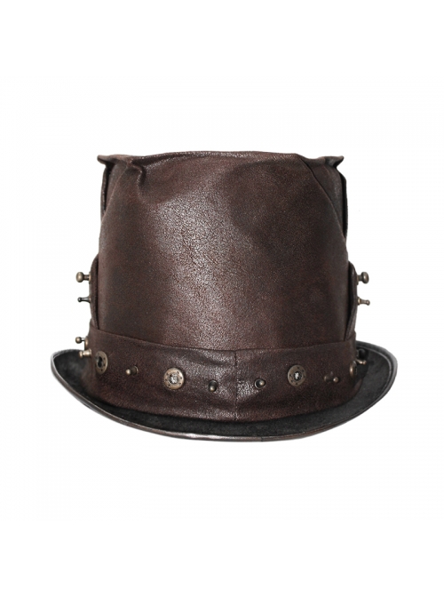 Brown Steampunk Metal Stud Decorated Medium Top Leather Hat