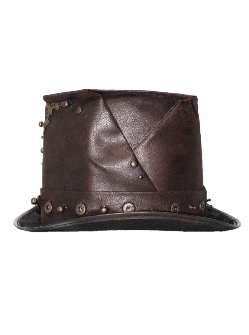 Brown Steampunk Metal Stud Decorated Medium Top Leather Hat