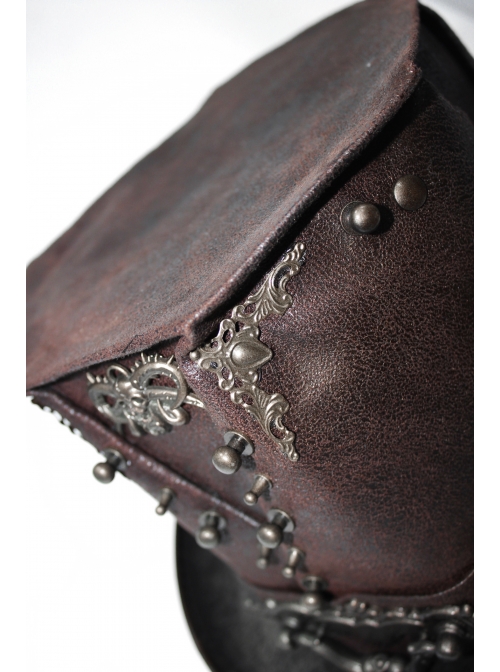 Brown Steampunk Metal Stud Decorated Medium Top Leather Hat