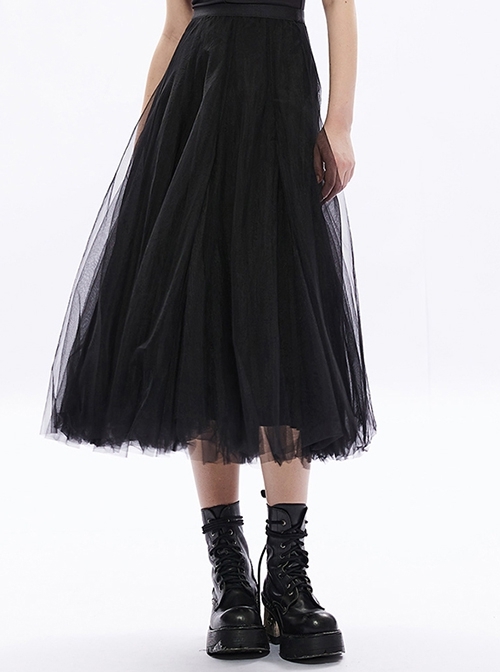 Elastic Waist Double Layer Lightweight Fairy Flowy Mesh Super Cool Black Gothic Versatile Skirt