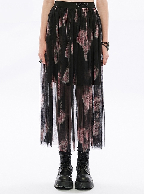 Letter Embroidered Elastic Waist Big Hem Patchwork Black Pink Lace Rose Print Mesh Perspective Sexy Gothic Skirt
