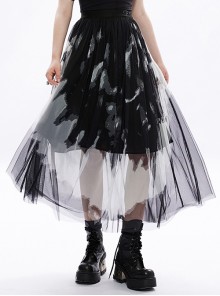 Tie-Dye Embroidered Elastic Waist Big Hem Stitching Black  White Letter Printing Mesh Perspective Sexy Gothic Skirt