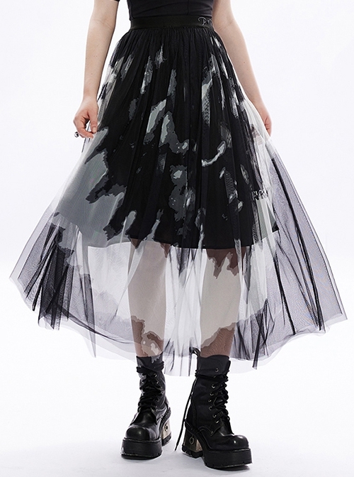 Tie-Dye Embroidered Elastic Waist Big Hem Stitching Black  White Letter Printing Mesh Perspective Sexy Gothic Skirt