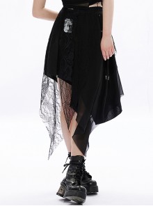 Dark Layered Convex Textured Lace Trimmed Chiffon Irregular Hem Gothic Stretch High Waist Skirt