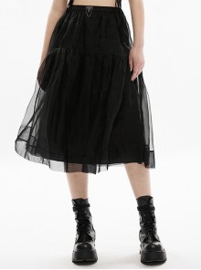 Stretch Matte Organza Two Wear Black Detachable Strap Skirt Gothic Metal Triangle Skull Slip Dress