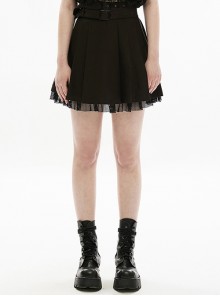 Cool Split Elastic Belt Adjustable Festive Word Buckle Black Patchwork Mesh Punk Versatile Pleated Skirt