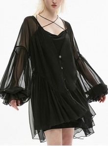 Loose Chiffon Lantern Long Sleeve Cardigan Large V-Neck Black Perspective Pleated Hem Gothic Sexy Dress
