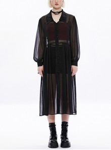 Doll Collar Shirt Casual Loose Straight Black Perspective Long Sleeve Skull Button Pleated Sexy Gothic Long Coat