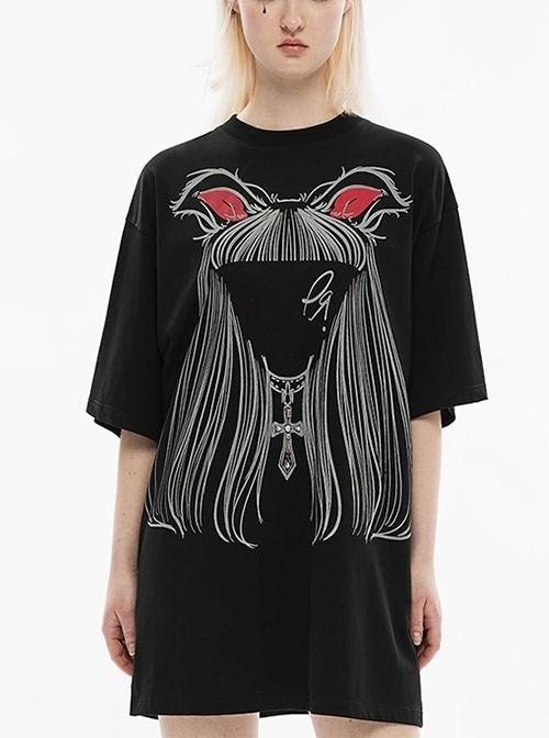 Heavyweight Loose Cotton Knitted Round Neck Faceless Cat Ears Long Hair Girl Gemstone Print Gothic Black Short-Sleeved T-Shirt
