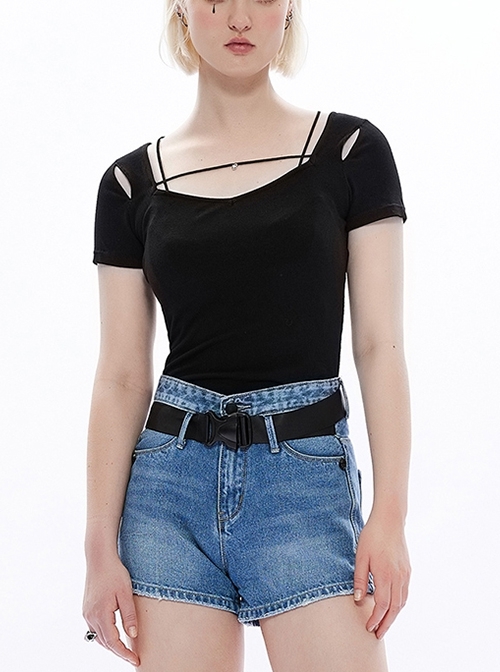 Super Elastic Soft Slim Square Neck Heart Pendant Black Symmetrical Hole Sexy Gothic Short Sleeve T-Shirt