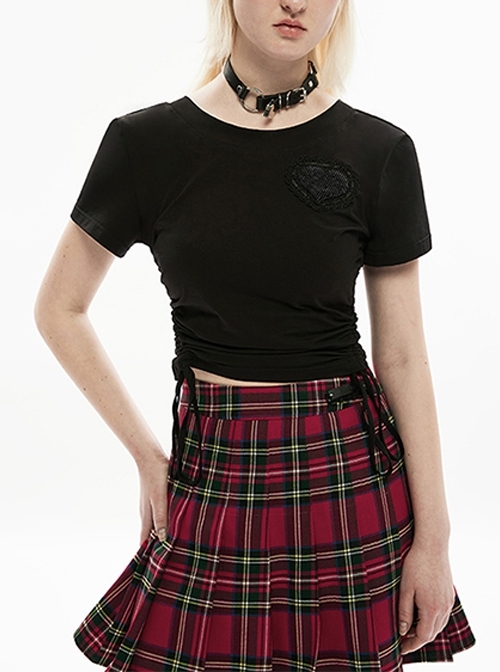 Black Drawstring Open Back Sexy Round Neck Heavy Lace Lace Heart Patch Gothic Super Cool All-Match Short T-Shirt