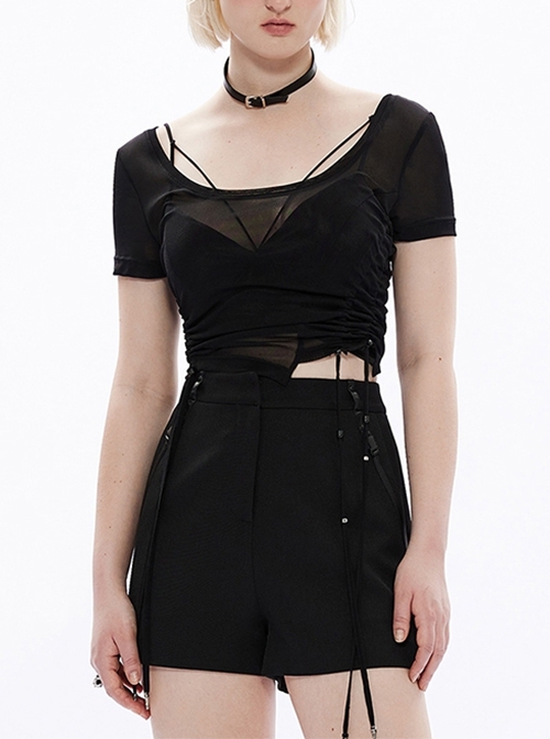Stretch See-Through Mesh Sexy Black Large U Neck Side Drawstring Metal Hanging Clock Gothic Short Sleeve T-Shirt