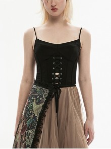 Dark Stretch Comfortable Sexy Front Middle Two Tone Tie Rope V Hem Back Middle Zipper Sling Gothic Corset
