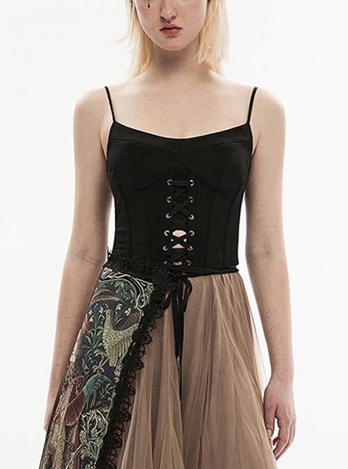 Dark Stretch Comfortable Sexy Front Middle Two Tone Tie Rope V Hem Back Middle Zipper Sling Gothic Corset