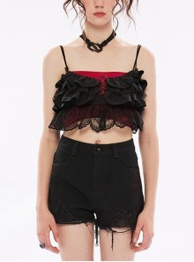 Dark V-Shaped Sexy Straps With Fungus Edge Stitching Gothic Hollow Lace Cropped Sling Top