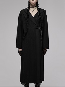 Chinese Style Dark Gothic Dark Pattern Print Manual Buckle Design Chiffon Hooded Long Coat