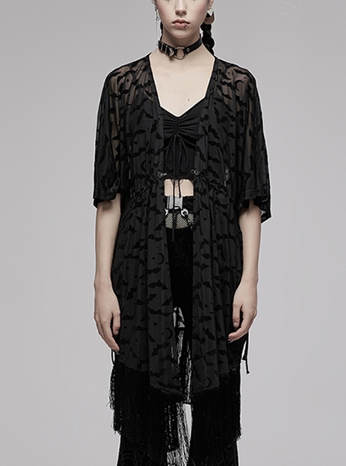 Chinese Style Tassel Bat Moon Flocking Graphic Print Punk Loose Black Drawstring Coat