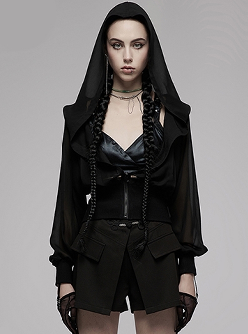 Light Chiffon Perspective Sexy Waistband Metal Zipper Black Punk Hooded Short Coat