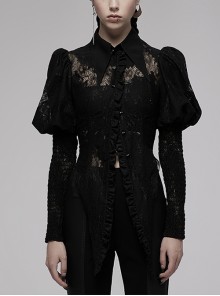 Punk Pointed Hem White Printed Lace Cutout Princess Sleeve Tie Rope Black Stand Collar Lace Shirt