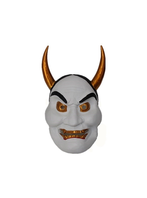 Japan Prajna Long Pointed Horns Fangs  Ghost Head Horror Mask Halloween Stage Performance Full Face Resin Mask