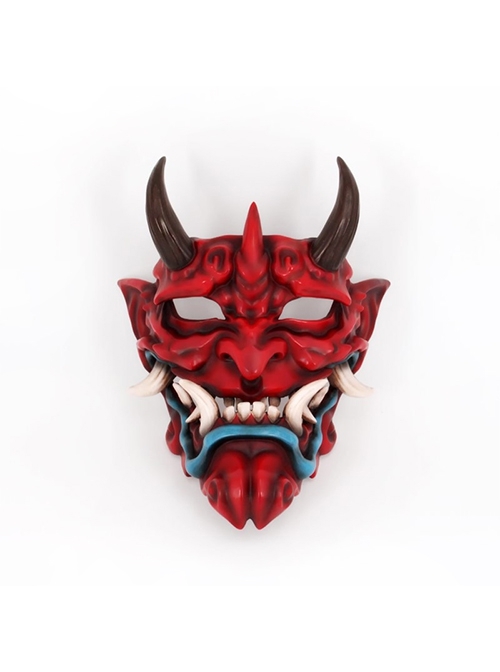 Japanese Noh Red Warrior Demon Ghost Face Prajna Head Cover Halloween Adult Full Face Resin Mask