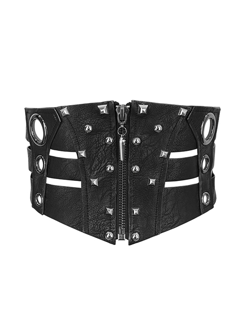 Black Adjustable Nail Embellished Coarse Grain Leather Punk Waist Belt