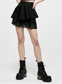 Punk Dark Green Cross Pattern Printing Asymmetric Hem Pleated Short Skirt