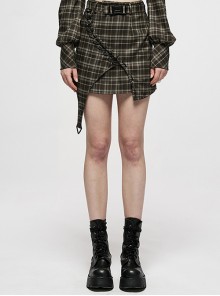 Punk College Style Dark  Plaid Irregular Hem Cross Rope Design Belt Decoration Asymmetric Short Skirt