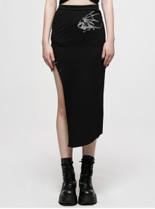 Dark Chinese Style Exquisite Keel Embroidered Sexy Asymmetric Hem Open-Leg Design Detachable Metal Chain Long Punk Skirt