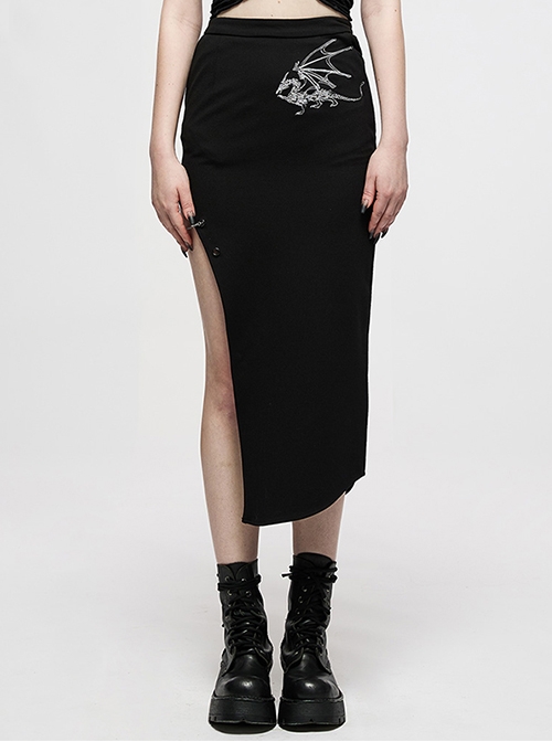Dark Chinese Style Exquisite Keel Embroidered Sexy Asymmetric Hem Open-Leg Design Detachable Metal Chain Long Punk Skirt