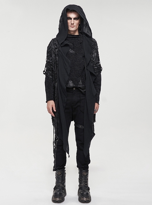 Steampunk Decadent Style Black Irregular Sharp Corner Hem Tattered Knitted Stitching Design Four Seasons Casual Jacket Male