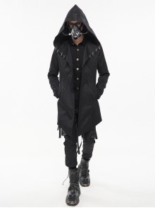 Punk Dark Style Back Splicing Straps Design Black Windproof Fabric Daily Matching Hooded Casual Male Coat