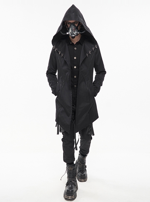 Punk Dark Style Back Splicing Straps Design Black Windproof Fabric Daily Matching Hooded Casual Male Coat