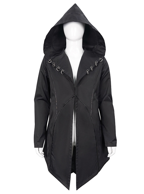 Punk Dark Style Back Splicing Straps Design Black Windproof Fabric Daily Matching Hooded Casual Male Coat