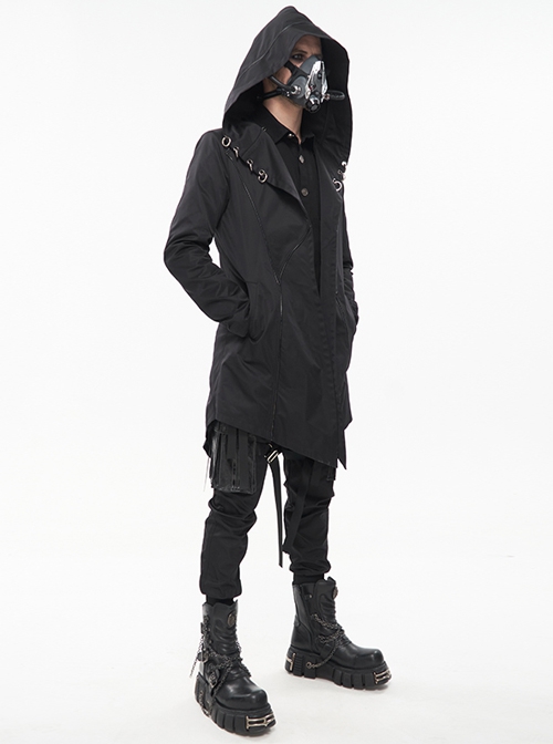 Punk Dark Style Back Splicing Straps Design Black Windproof Fabric Daily Matching Hooded Casual Male Coat
