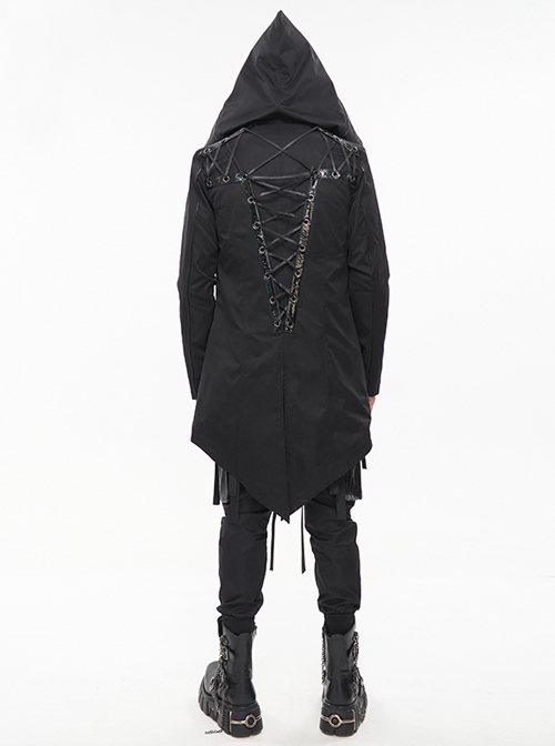 Punk Dark Style Back Splicing Straps Design Black Windproof Fabric Daily Matching Hooded Casual Male Coat