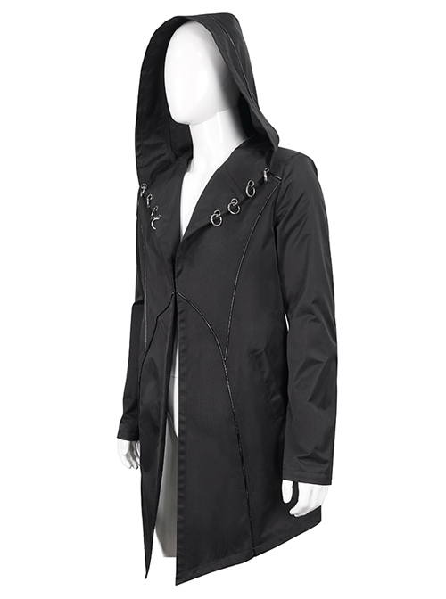 Punk Dark Style Back Splicing Straps Design Black Windproof Fabric Daily Matching Hooded Casual Male Coat